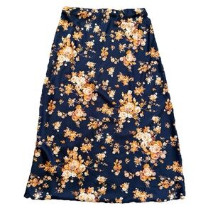 Y2K Satin Floral Slip Midi Skirt L | Navy Orange Floral